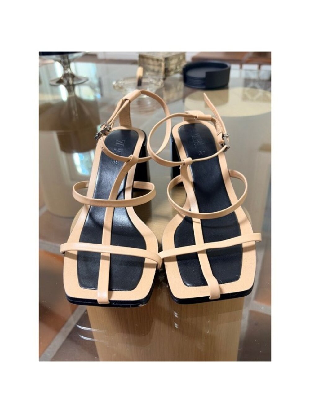 Zara Cream Strappy Square Toe Heeled Sandals 38